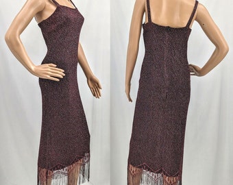 Vintage 1990s Harlow Midi Dress Glitter Metallic Fringe Whimsygoth Size 8P