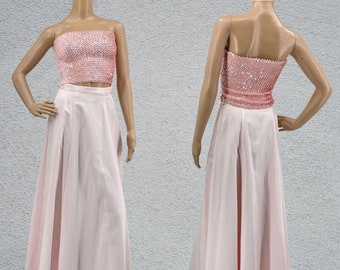 Vintage 90s Y2K Moda Internationl Prom Dress Tube Top Sequins Pink 2 Piece