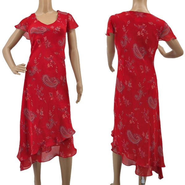 Vintage 90s Positive Attitude Midi Dress Red Floral Paisley Flutter Size 8P