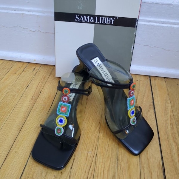 New in Box Vintage y2k Sam & Libby Leather Sandals Beaded Kitten Heel Size 6