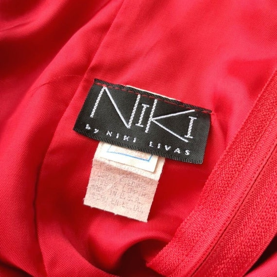 Vintage 90s Niki Livas Mini Dress Red Satin Rhine… - image 9