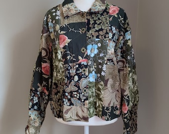 vintage Quilted Jacket Patchwork Floral Feuillage Rose Taille Medium