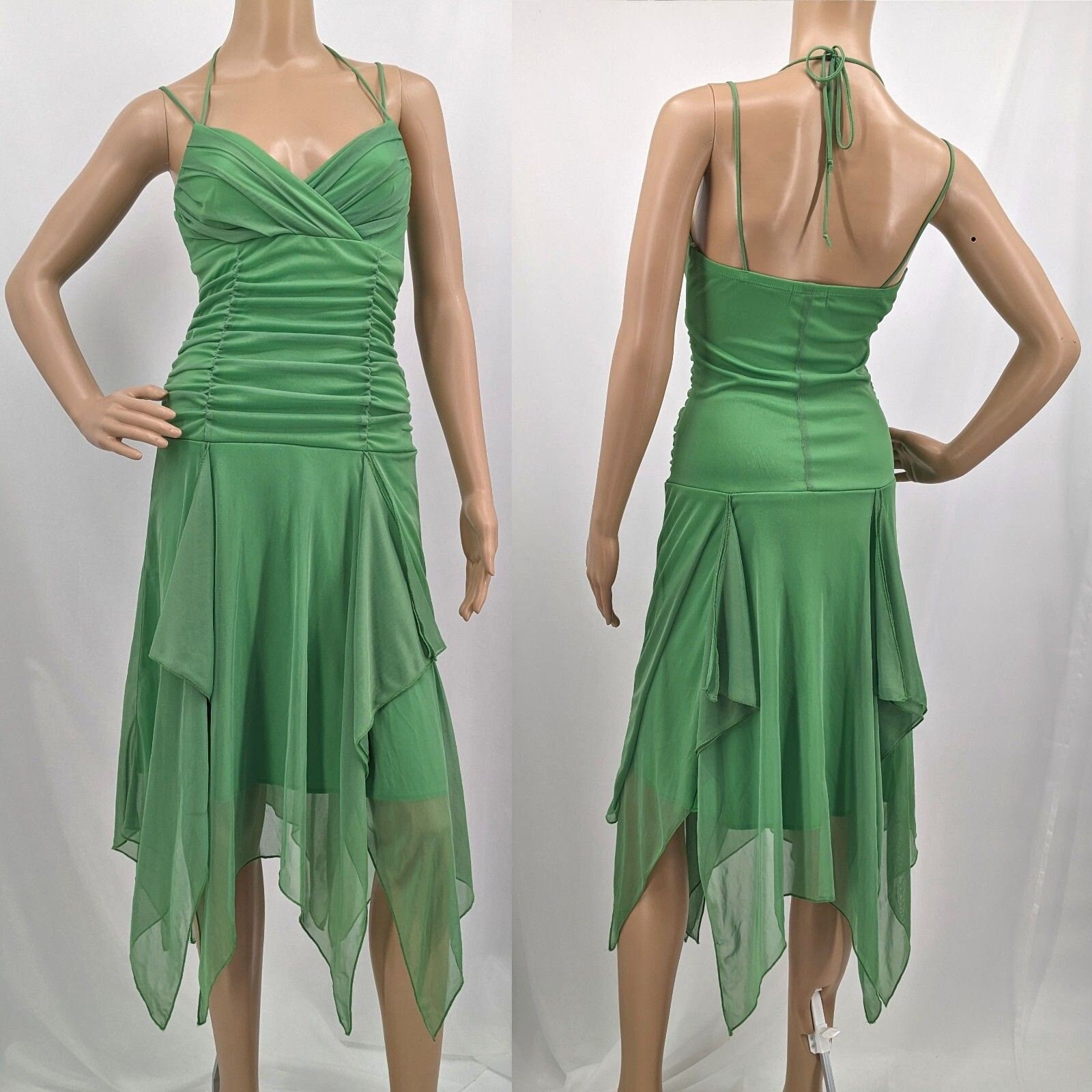 Vintage 90s Y2k Trixxi Midi Dress Fairycore Green Prom Halter Tinkerbell Size 2
