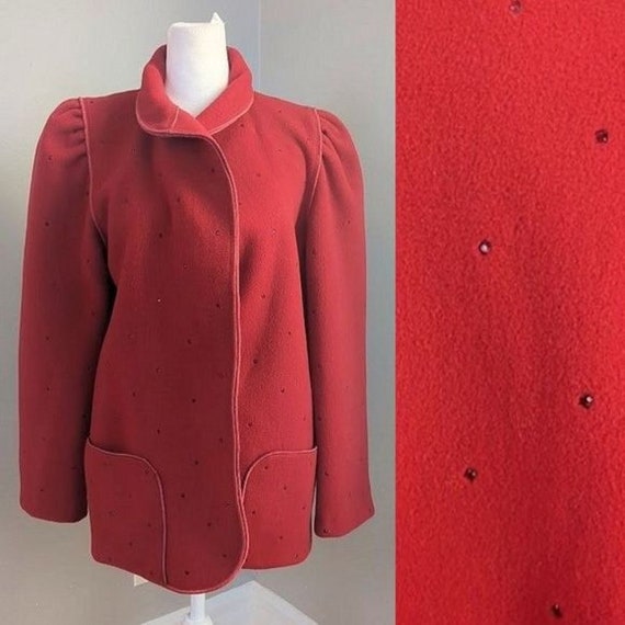 Vintage 70s Mrs. H Winter Wool Coat Red Rhinestone