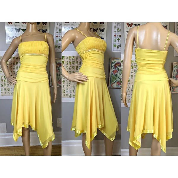 Vintage 2000s y2k City Triangles Midi Dress Fairycore Yellow Sequins Size S