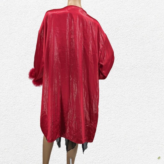 Vintage y2k Red Satin Robe Feather Cuffs Shimmer … - image 4
