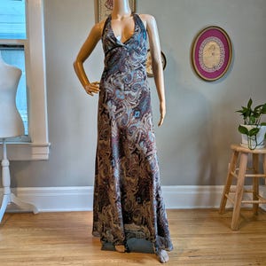 Vestido largo vintage marrón Newport News Y2K con estampado de cachemira, estilo hada Whimsigoth, talla 8