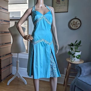 NWT Vintage Y2K Yves Cossette DEPECHE Mode Blue Floral Halter Dress Mini Size 8