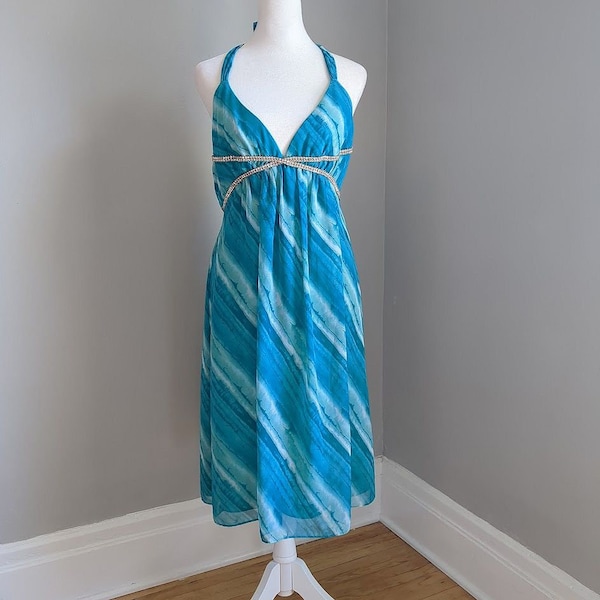 NWT ABS Allen Schwartz Dress Tie Dye Halter Rhinestone Blue Size 6