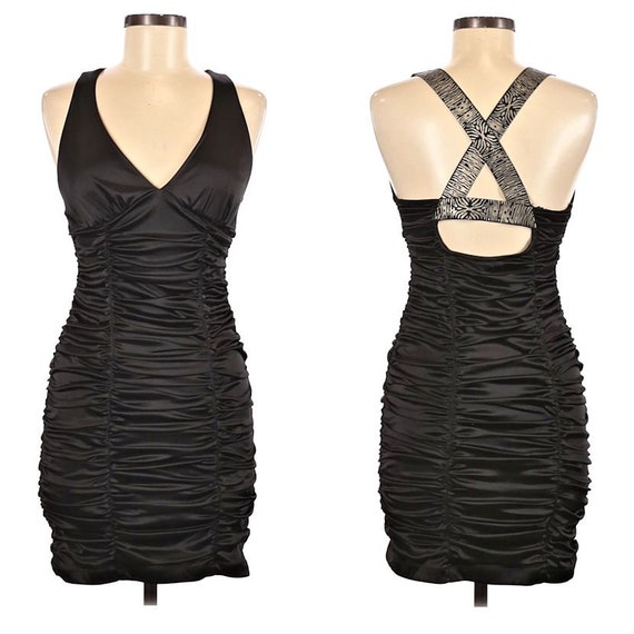 Vintage Y2K Halter Dress Ruched Bodycon Black Tig… - image 3