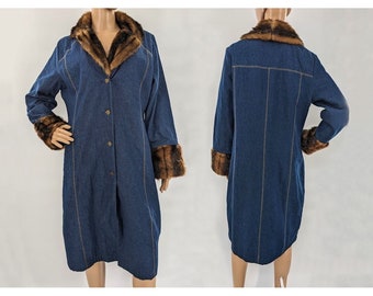 Vintage 90s y2k Terry Lewis Denim Trench Coat Faux Fur Collar Duster Jacket S