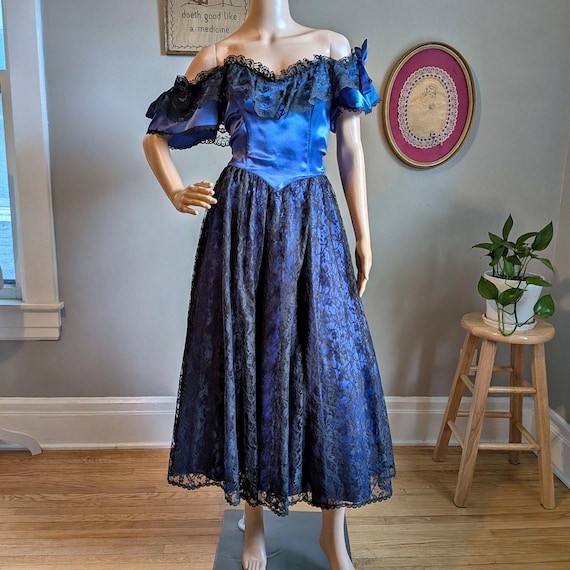 Vintage 80s Gunne Sax Ball Gown: Blue Satin Lace, Southern Belle