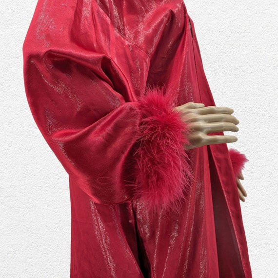 Vintage y2k Red Satin Robe Feather Cuffs Shimmer … - image 7