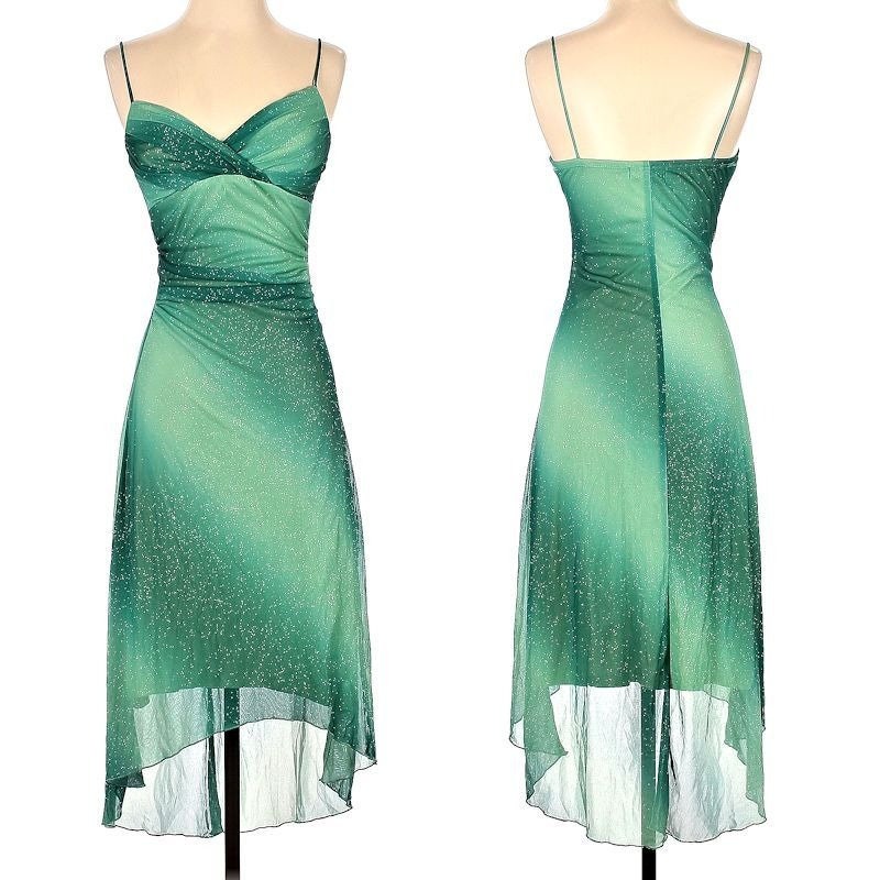 Vintage Y2k Trixxi Dress Green Glitter Fairycore Prom Mesh Ombre 