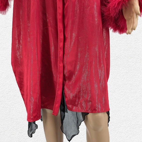 Vintage y2k Red Satin Robe Feather Cuffs Shimmer … - image 6