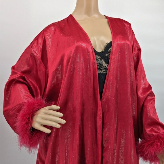 Vintage y2k Red Satin Robe Feather Cuffs Shimmer … - image 5