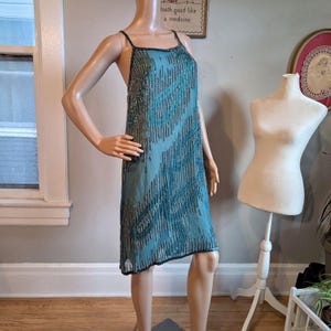 Vintage 90s Papell Boutique Mini Dress Blue Beaded Silk Formal Prom Mermaid 10