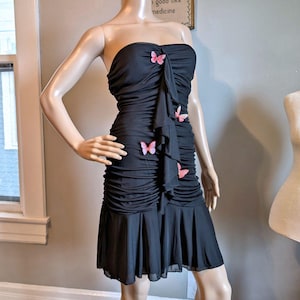 Vestido mini negro vintage Y2K My Michelle sin tirantes, fruncido, mariposa y diamantes de imitación