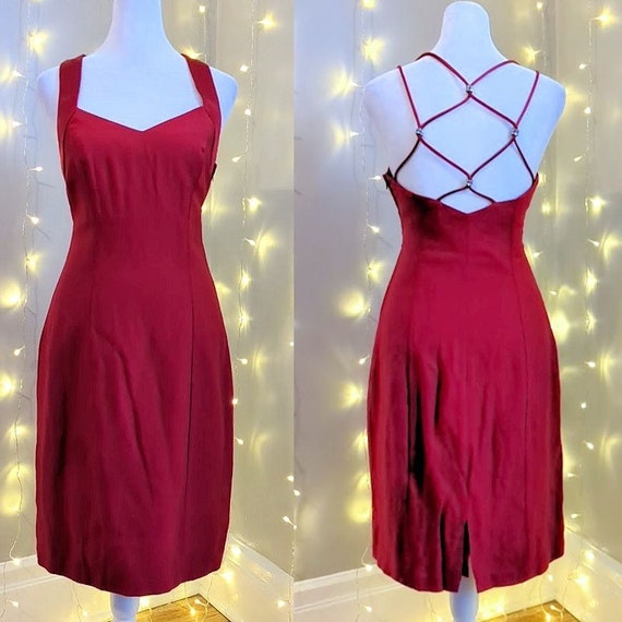 Vintage 90s Niki Livas Mini Dress Red Satin Rhine… - image 10