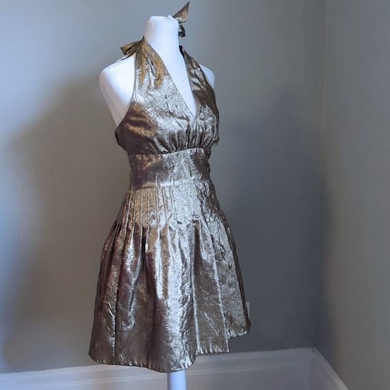 Vintage 90s Liz Claiborne Gold Dress Halter Maril… - image 1