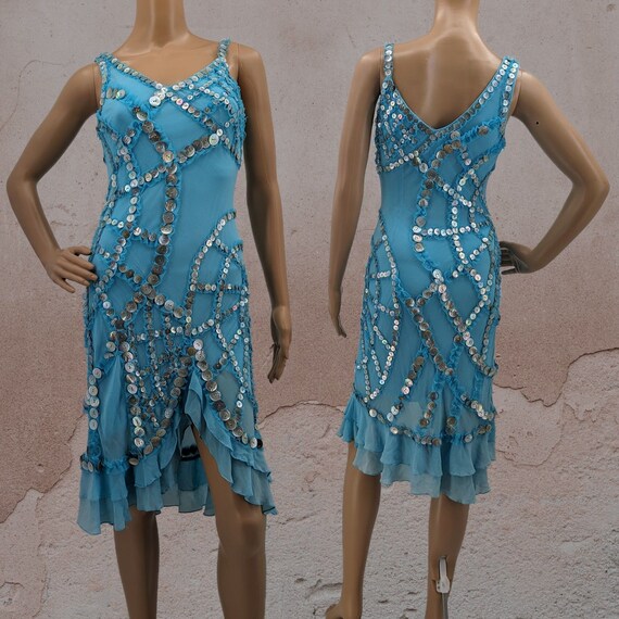 Vintage 2000s y2k Sue Wong Silk Dress Blue Fairyc… - image 1