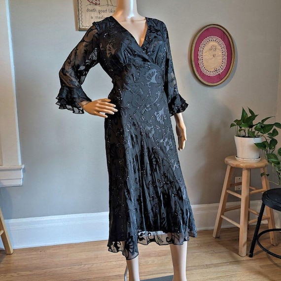 Vintage 90s Y2K Valerie Stevens Velvet Dress Silk Floral Black - Main Image