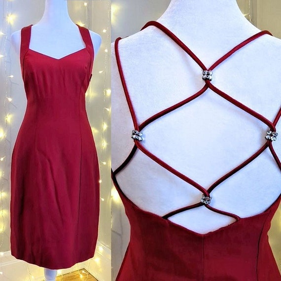 Vintage 90s Niki Livas Mini Dress Red Satin Rhine… - image 1