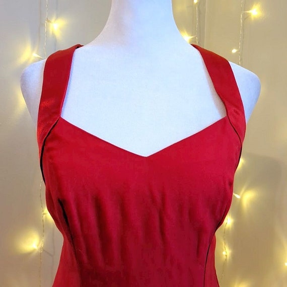 Vintage 90s Niki Livas Mini Dress Red Satin Rhine… - image 4