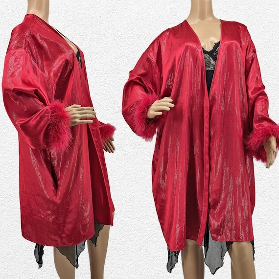 Vintage y2k Red Satin Robe Feather Cuffs Shimmer … - image 1