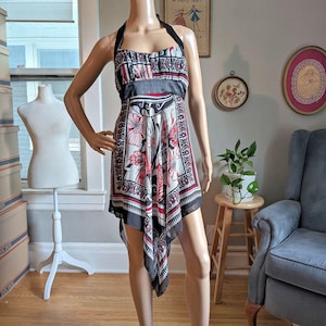 Vintage Y2K Trixxi Halter Dress Red Handkerchief Floral Whimsigoth Jrs Size 5