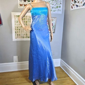 Vestido de fiesta vintage de los años 90 Y2K de Morgan & Co., con lentejuelas de sirena azul y tirantes, talla JR 3/4