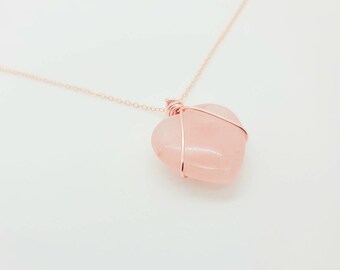 14K Rose Gold Wire Wrapped Rose Quartz Heart Pendant Necklace