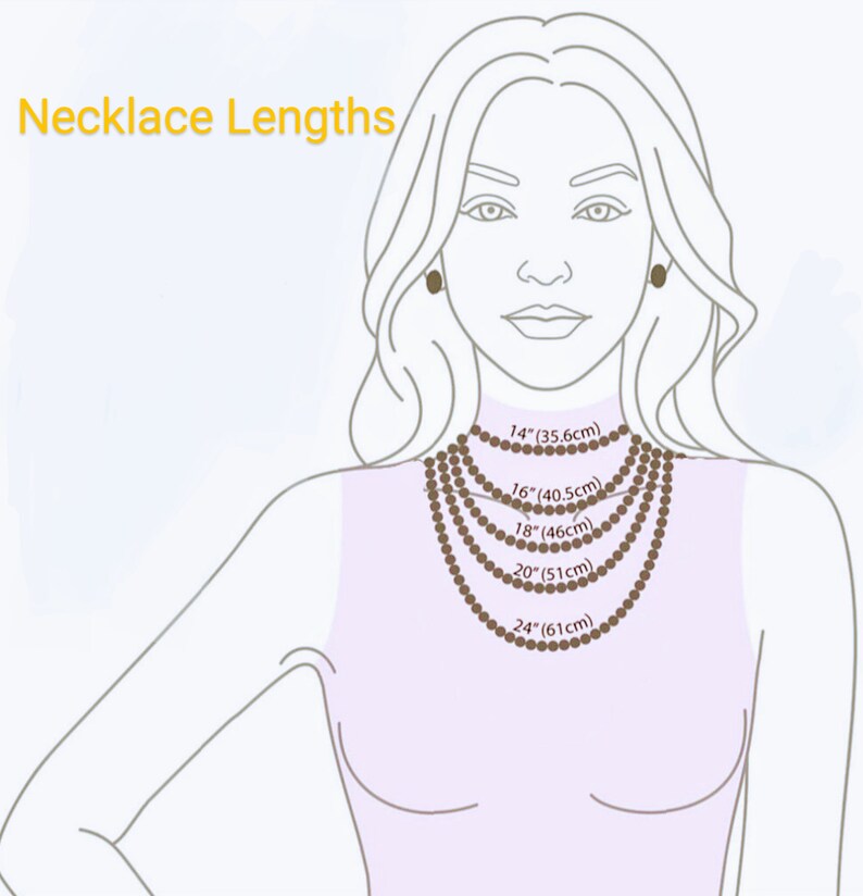 May include: Illustration showing necklace lengths. The image displays a woman with various necklace lengths around her neck, including 14" (35.6cm), 16" (40.5cm), 18" (46cm), 20" (51cm), and 24" (61cm). The text "Necklace Lengths" is at the top.