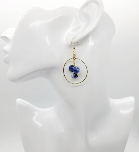 Sodalite Crystal Earrings: 18K Gold Plated Hoop Earrings