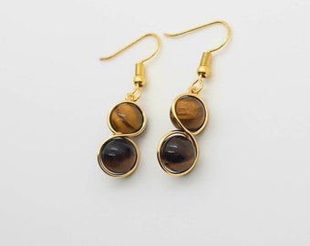 Pendientes de ojo de tigre bañados en oro de 18 quilates: engaste de cristal
