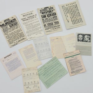 May include: A collection of vintage documents and papers, including a notice about unlawful transmission of letters, a reward poster for a murder case, and a document with fingerprints.