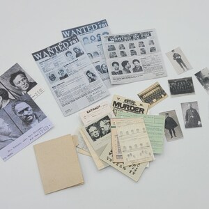 May include: A collection of vintage black and white photographs and newspaper clippings related to crime and law enforcement. The images include wanted posters, mugshots, and crime scene photos. The text on the newspaper clippings includes the words "WANTED BY FBI" and "CRIME MURDER $100".