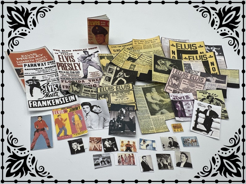 Puede incluir: Una colecci&oacute;n de recuerdos vintage de Elvis Presley, que incluye carteles, recortes de peri&oacute;dicos y portadas de revistas. Los art&iacute;culos presentan fotos en blanco y negro de Elvis, junto con texto que dice "Elvis Presley", "Elvis Meets Frankenstein", "The Elvis Presley Show" y "Elvis-Elvis".