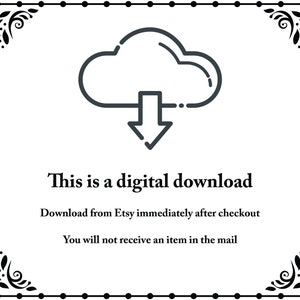 Puede incluir: Un icono de descarga digital con una nube y una flecha hacia abajo. El texto debajo dice "Esto es una descarga digital. Descarga desde Etsy inmediatamente despu&eacute;s de la compra. No recibir&aacute;s un art&iacute;culo por correo."