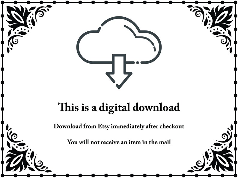 Puede incluir: Un icono de descarga digital con una nube y una flecha hacia abajo. El texto debajo dice "Esto es una descarga digital. Descarga desde Etsy inmediatamente despu&eacute;s de la compra. No recibir&aacute;s un art&iacute;culo por correo."