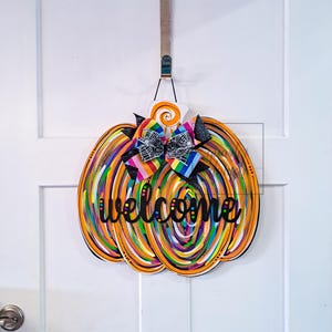 whimsical pumpkin door hanger, halloween pumpkin decor, colorful pumpkin door sign, pumpkin door decor, fall door sign, rainbow pumpkin image 2