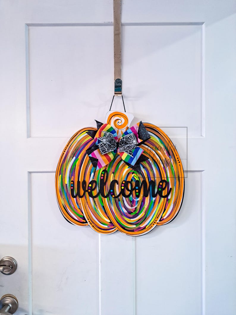 whimsical pumpkin door hanger, halloween pumpkin decor, colorful pumpkin door sign, pumpkin door decor, fall door sign, rainbow pumpkin image 2