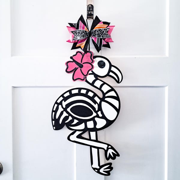 flamingo door hanger, spooky gifts for women, skeleton flamingo, halloween skeleton decor, flamingo halloween door sign, flamingo gifts