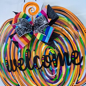 whimsical pumpkin door hanger, halloween pumpkin decor, colorful pumpkin door sign, pumpkin door decor, fall door sign, rainbow pumpkin image 3