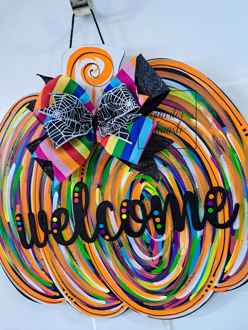 whimsical pumpkin door hanger, halloween pumpkin decor, colorful pumpkin door sign, pumpkin door decor, fall door sign, rainbow pumpkin image 3