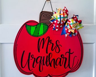 Teacher apple sign, personalized teacher gift, teacher name sign for door, back to school door hanger, apple door hanger, gift for teacher