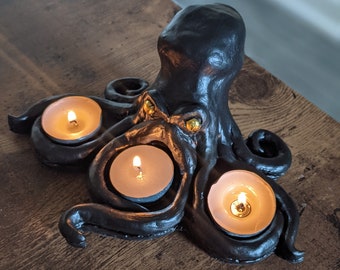 Beautiful Handmade Octopus Tealight Holder - Ornament - Gift - Present - Decoration - Black with Silver or Golden eyes