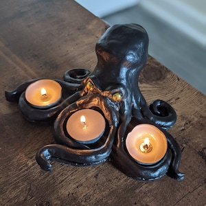 Beautiful Handmade Octopus Tealight Holder - Ornament - Gift - Present - Decoration - Black with Silver or Golden eyes