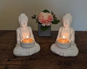 Pair of Handmade Buddha Tealight Holders, Ornament, Housewarming Gift, Birthday Present - White