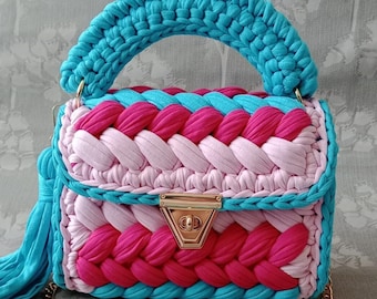 Handmade Crochet Shoulder Bag: Multi Color Knitted Purse